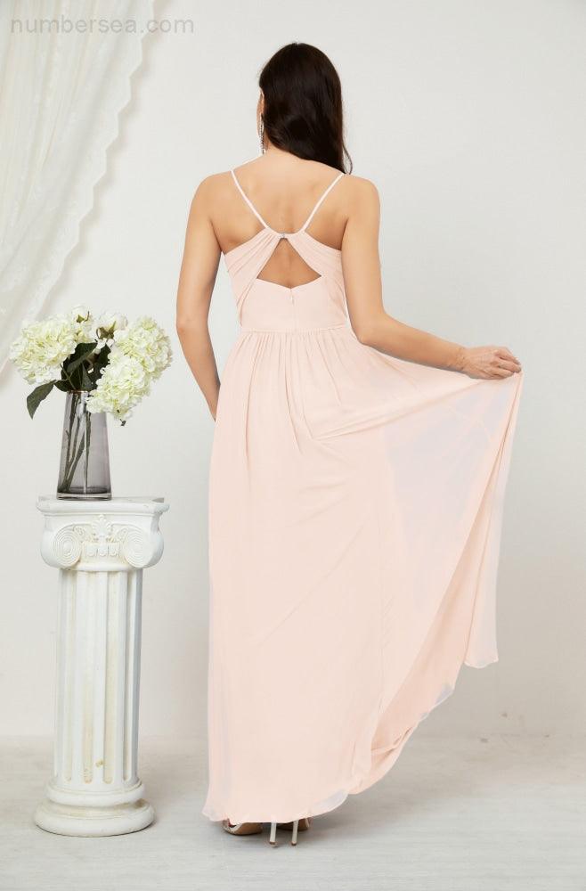 Robe de demoiselle d'honneur en mousseline de soie, longue, coupe trapèze, col en V, pour soirée de mariage, 2801 