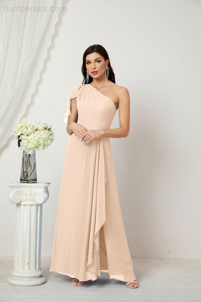 Baoleely  Chiffon Ruffled One Shoulder Long Bridesmaid Dresses A-line Formal Evening Gown Side Split 2809