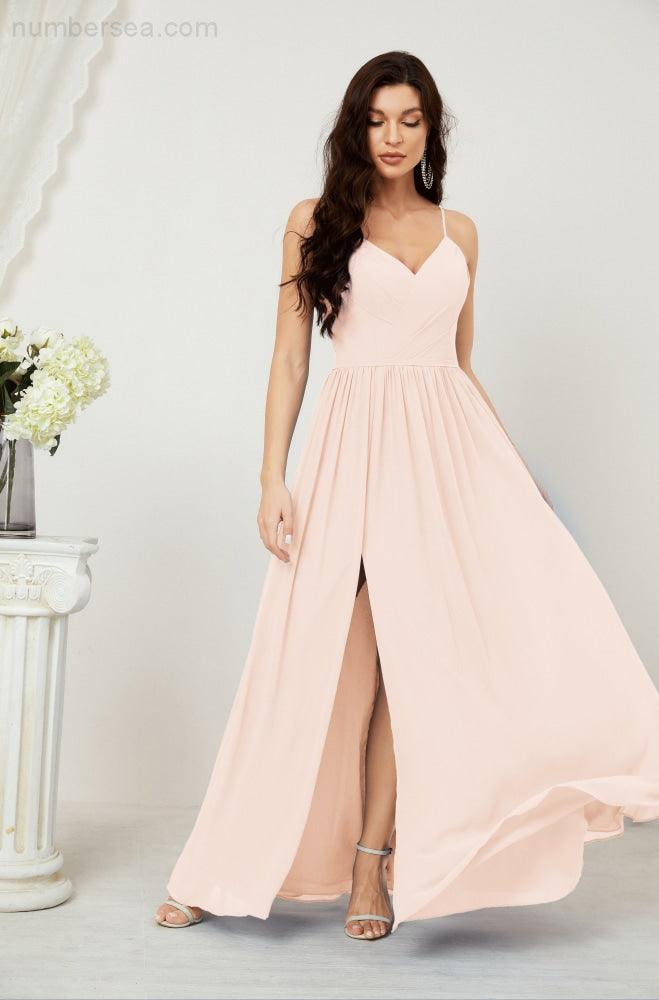Robe de demoiselle d'honneur en mousseline de soie, longue, coupe trapèze, col en V, pour soirée de mariage, 2801 