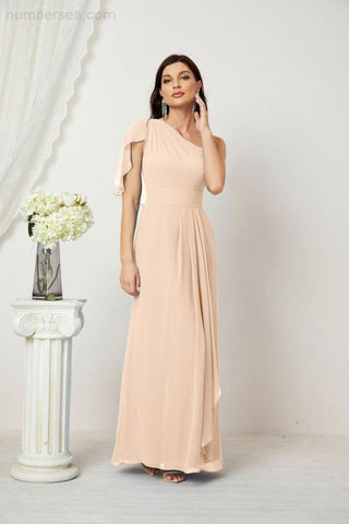 Robe de demoiselle d'honneur longue en mousseline de soie à volants et à une épaule, coupe trapèze, robe de soirée formelle fendue sur le côté, 2809