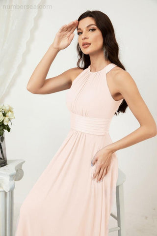 Baoleely Formal Party Gown Dress Chiffon Halter Long Sleeveless Bridesmaid Dresses 2802