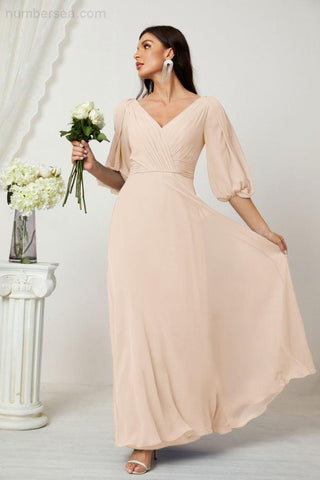 Baoleely  Formal Prom Gown Women V-Neck Chiffon Bridesmaid Dresses Long Bishop Sleeve Party Dress 2807