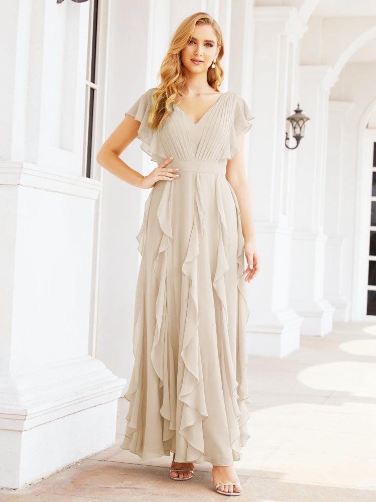 Ruffled Bridesmaid Dresses with Sleeves Long Formal Party Dress 28041
