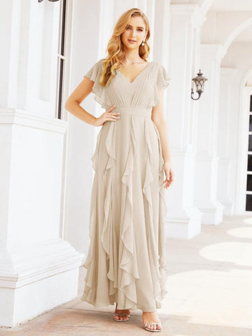 Vestidos de dama de honor con volantes y mangas, vestido largo de fiesta formal 28041 