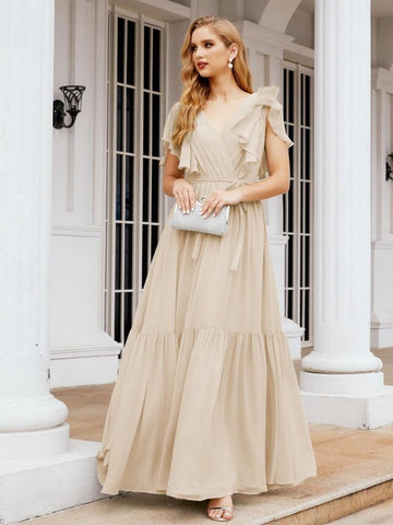 Vestido de fiesta formal de noche con espalda descubierta para mujer Baoleely, escote en V, largo, de gasa, con cinturón a la cintura 28038