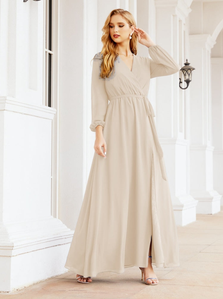 Vestido de dama de honor de gasa para mujer Sunderly, corte en A, manga larga, vestido de noche formal para invitada de boda SY28032 