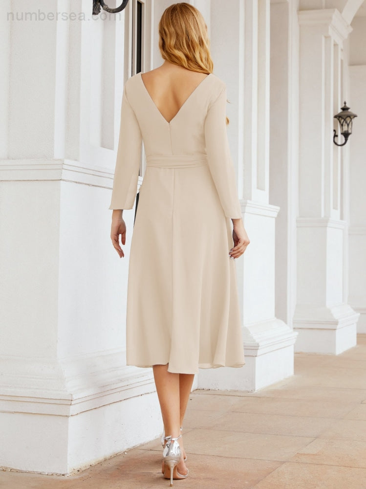 Robe de demoiselle d'honneur dos nu en V avec ceinture à la taille - Mère de la mariée - Invitée au mariage SY28031