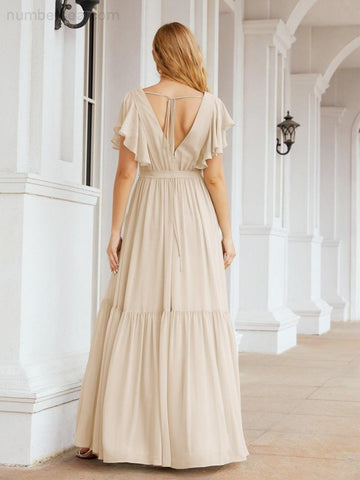 Vestido de fiesta formal de noche con espalda descubierta para mujer Baoleely, escote en V, largo, de gasa, con cinturón a la cintura 28038