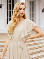Baoleely Women's Open Back Formal Evening Party Prom Gowns V-Neck Long Chiffon Bridesmaid Dresses with Waist Belt 28038
