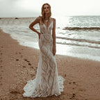 Robes de mariée sirène sexy en dentelle à col en V, bretelles spaghetti, sans manches et dos nu, collection 2023 
