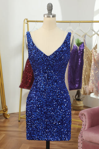 V Neck Sequined Bodycon Mini Cocktail Dress