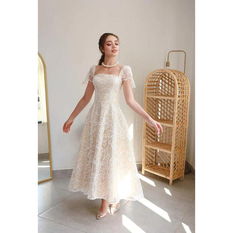 Robe de soirée trapèze en tulle imprimé, col carré, manches courtes, longueur thé