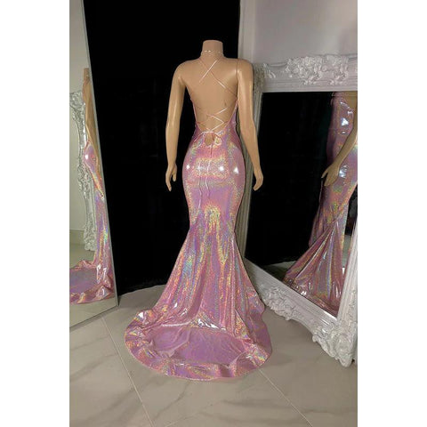 Robe de bal longue à bretelles spaghetti et col en V, fendue et pailletée