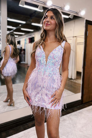 Sparkly Bodycon Deep V Neck Blue Sequined Short Homecoming Dress with Feathers