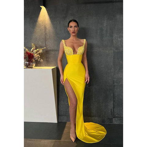 V-Neck Sequined Sheath Long Prom Evening Gown With Slit