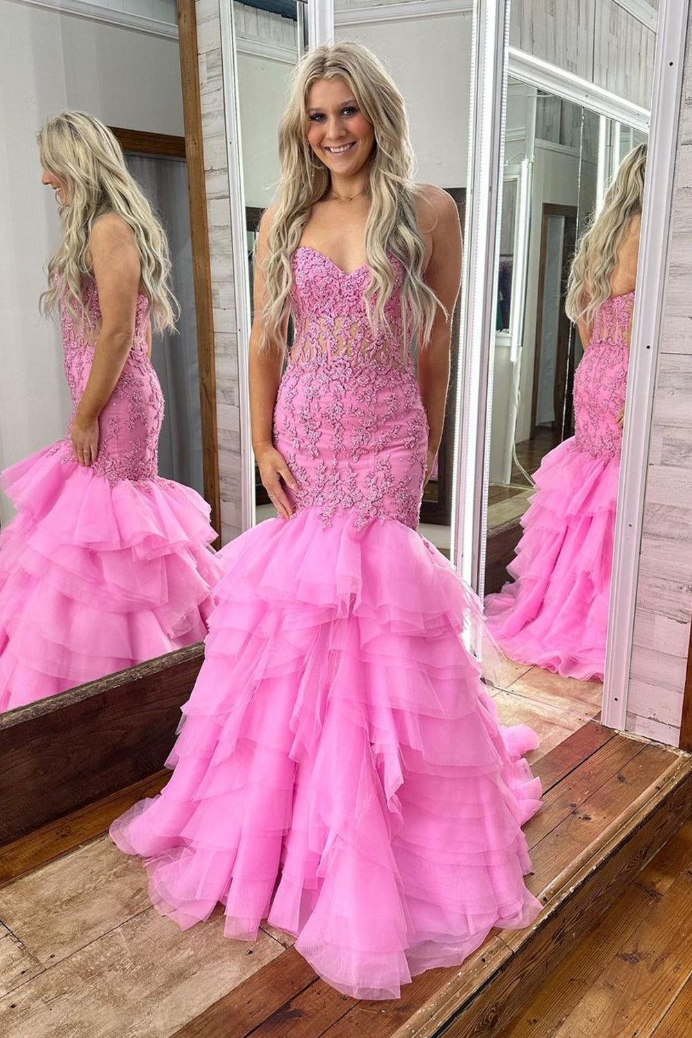 Robe de bal sirène rose grande taille avec appliques