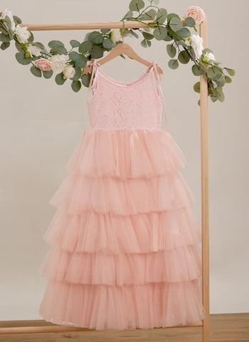 Robe longue rose en tulle et dentelle, coupe trapèze (010220942) 