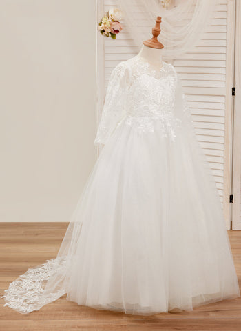 Vestido de niña de las flores para la Primera Comunión, estilo princesa, manga larga y cola de tul. 