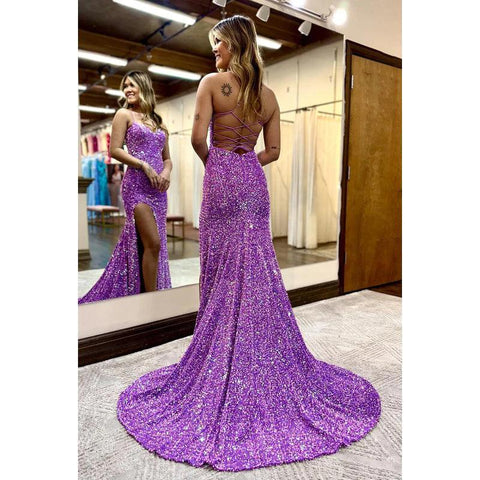 Vestido de noche largo con escote en forma de corazón, tirantes finos y lentejuelas, con abertura