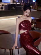 Burgundy Strapless Sequin Rose Flowers Prom Dress Mermaid Long Evening Dress Y8595