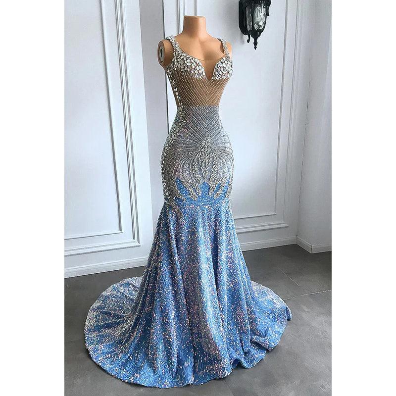 Vestido de noche de fiesta glamuroso y dramático con volantes, pedrería, escote en V, sin mangas y lentejuelas