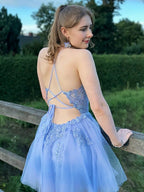 Vestido corto de fiesta de bienvenida con apliques de tul rosa rubor de corte línea A