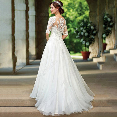 Vestido de novia de media manga de encaje para ilusión nupcial apliques botones espalda bata de mariée grande taille hecho a medida 