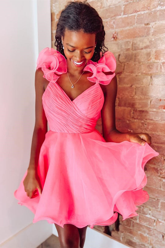 Vestido de fiesta de línea A de organza con escote en V