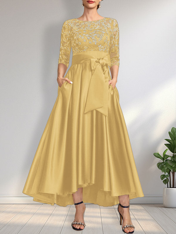 Vestido de madrina de la novia, corte asimétrico, escote ilusión, satén y encaje, con lazo.