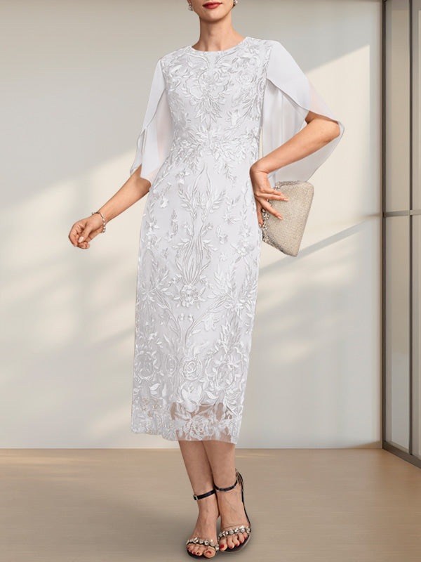 Robe fourreau/colonne en mousseline de dentelle, longueur thé, pour la mère de la mariée