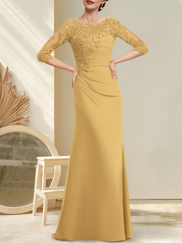 Vestido de corte A, escote redondo, largo hasta el suelo, de gasa, encaje, con cuentas, lentejuelas plisadas, para la madre de la novia.