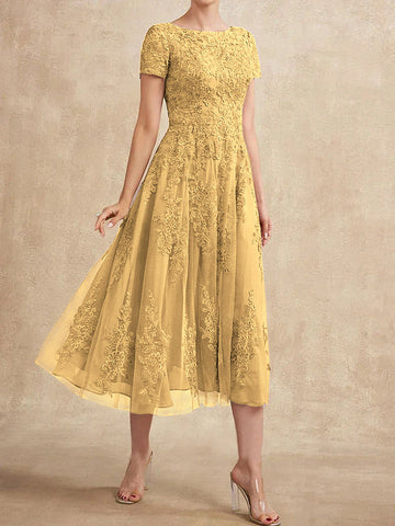 A-line Scoop Tea-Length Tulle Lace Mother of the Bride Dress