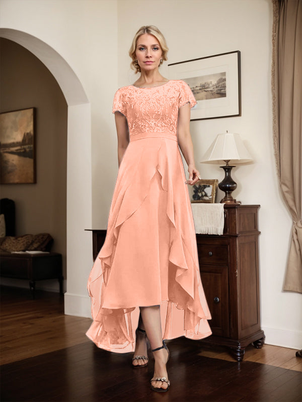 Vestido de novia asimétrico de gasa con encaje, corte en A, escote ilusión, detalle de lazo, volantes y lentejuelas para la madre de la novia 
