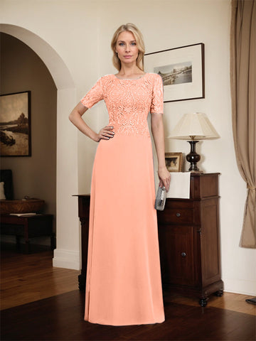 A-line Scoop Floor-Length Lace Chiffon Mother of the Bride Dress With Sequins