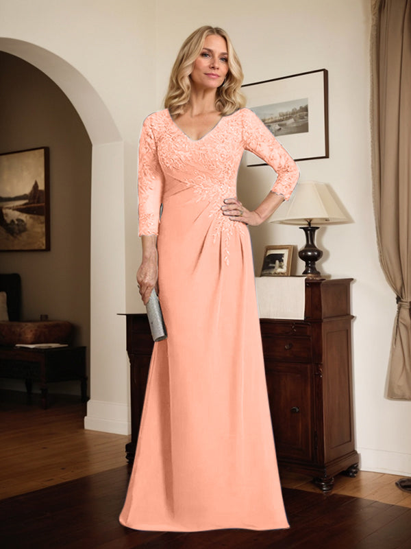 Vestido de novia de corte recto/columna, escote en V ilusión, largo hasta el suelo, de gasa de encaje con lentejuelas plisadas. 