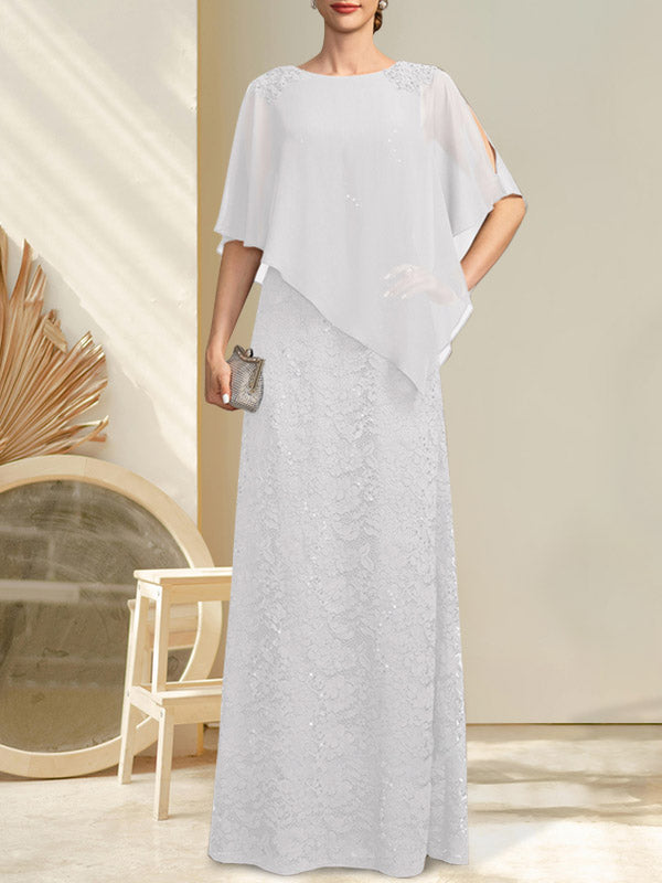 Robe fourreau/colonne longue en mousseline de soie et dentelle, ornée de sequins et de perles, pour la mère de la mariée.