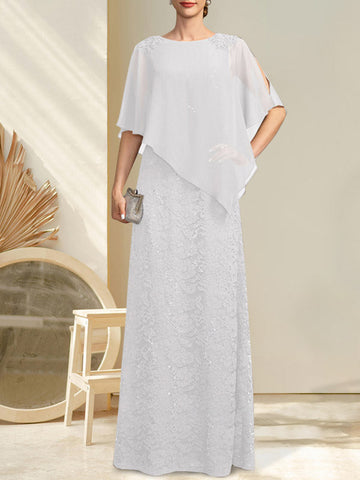 Vestido de novia de corte recto/columna, largo hasta el suelo, de gasa con encaje y lentejuelas, con escote redondo y pedrería.