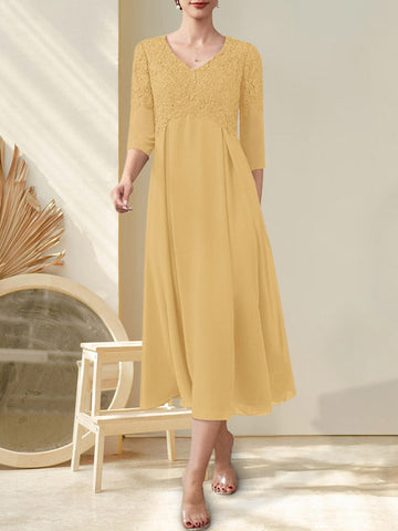 A-line V-Neck Tea-Length Chiffon Lace Mother of the Bride Dress With Beading