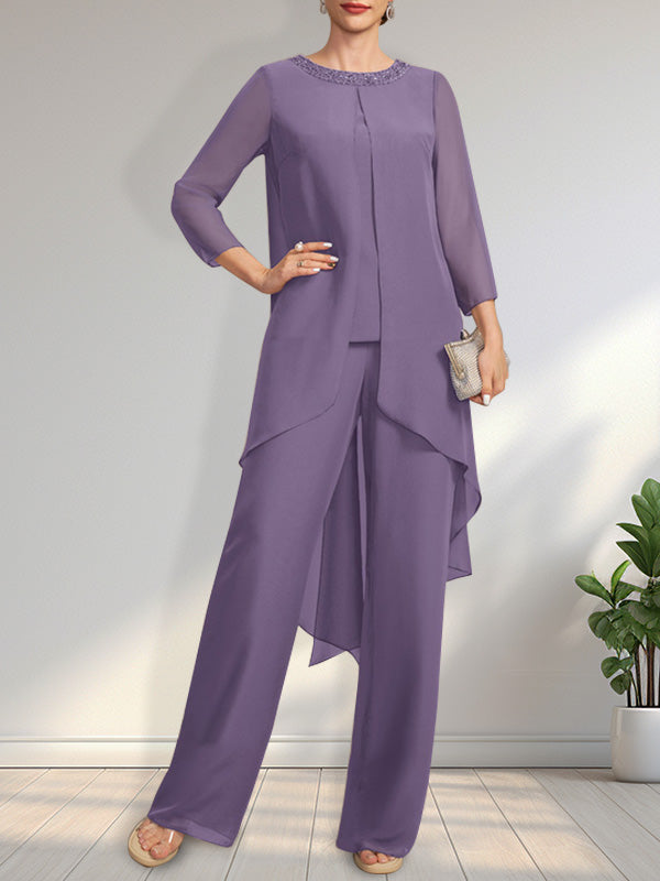 Vestido de dos piezas para la madre de la novia: mono/pantalón de gasa con escote redondo y largo hasta el suelo, adornado con lentejuelas y pedrería.