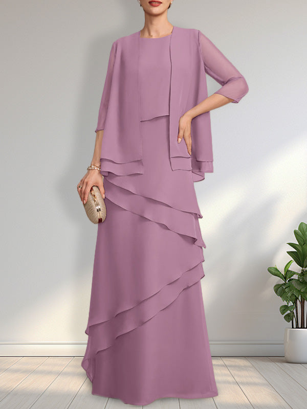 Vestido de gasa de corte recto y escote redondo hasta el suelo para la madre de la novia