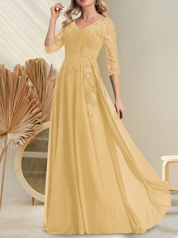 Vestido de novia de corte A, escote en V, largo hasta el suelo, de gasa de encaje con lentejuelas para la madre de la novia
