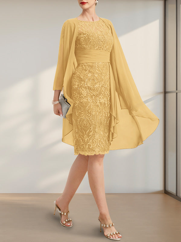 Vestido de novia de corte recto/columna, largo hasta la rodilla, de encaje y gasa, con escote ilusión, volantes en cascada y lentejuelas.