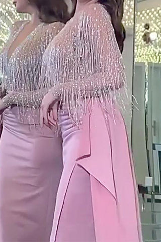 Vestidos de noche sexys, elegantes y bronceados con borlas y escote en V 