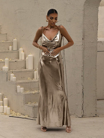 Metallic Coated Deep Neck Backless Evening Dress