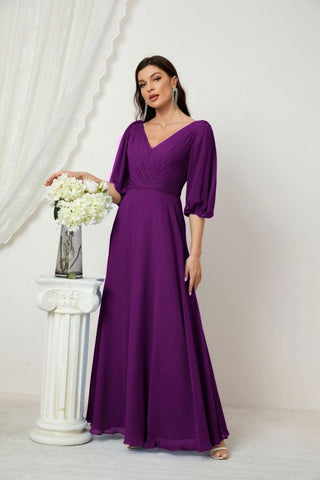 Baoleely  Formal Prom Gown Women V-Neck Chiffon Bridesmaid Dresses Long Bishop Sleeve Party Dress 2807