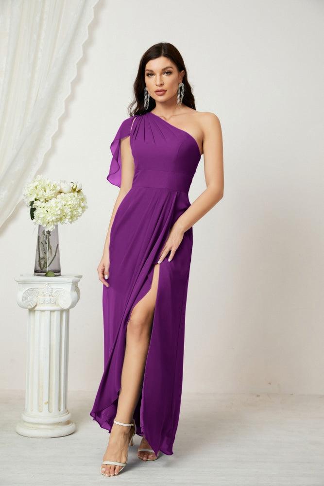 Baoleely  Chiffon Ruffled One Shoulder Long Bridesmaid Dresses A-line Formal Evening Gown Side Split 2809