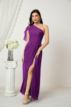 Baoleely  Chiffon Ruffled One Shoulder Long Bridesmaid Dresses A-line Formal Evening Gown Side Split 2809