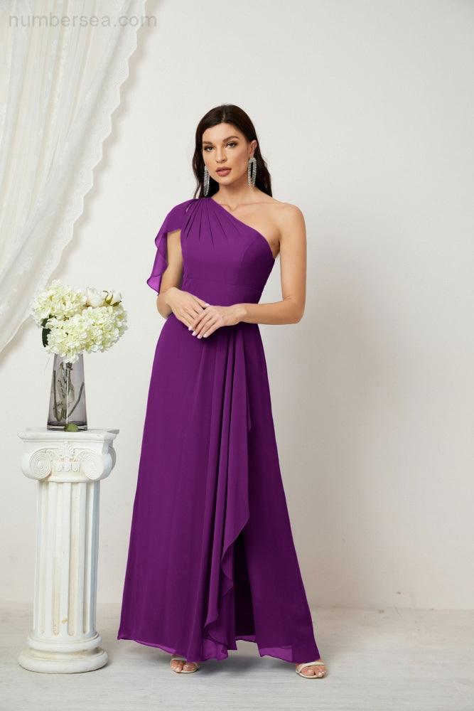 Baoleely  Chiffon Ruffled One Shoulder Long Bridesmaid Dresses A-line Formal Evening Gown Side Split 2809