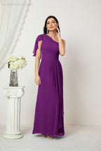 Baoleely  Chiffon Ruffled One Shoulder Long Bridesmaid Dresses A-line Formal Evening Gown Side Split 2809