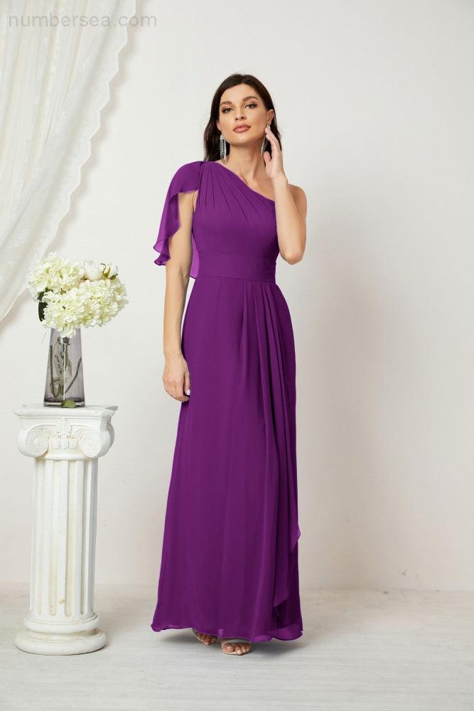 Baoleely  Chiffon Ruffled One Shoulder Long Bridesmaid Dresses A-line Formal Evening Gown Side Split 2809